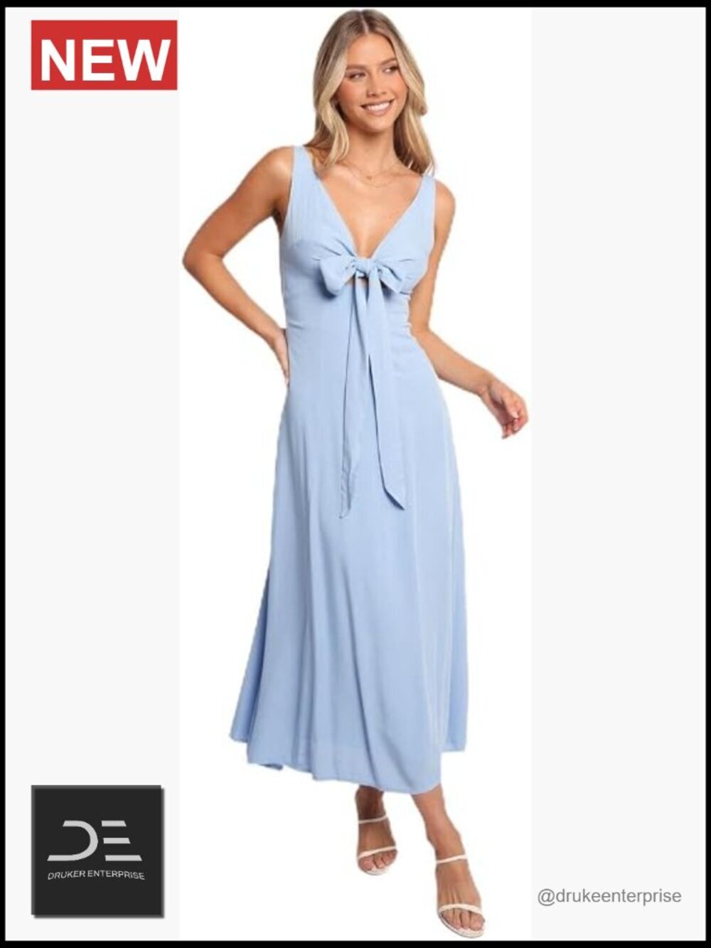 Midi Casual Dress V-Neck A-Line Sleeveless Spaghetti Straps Zipper